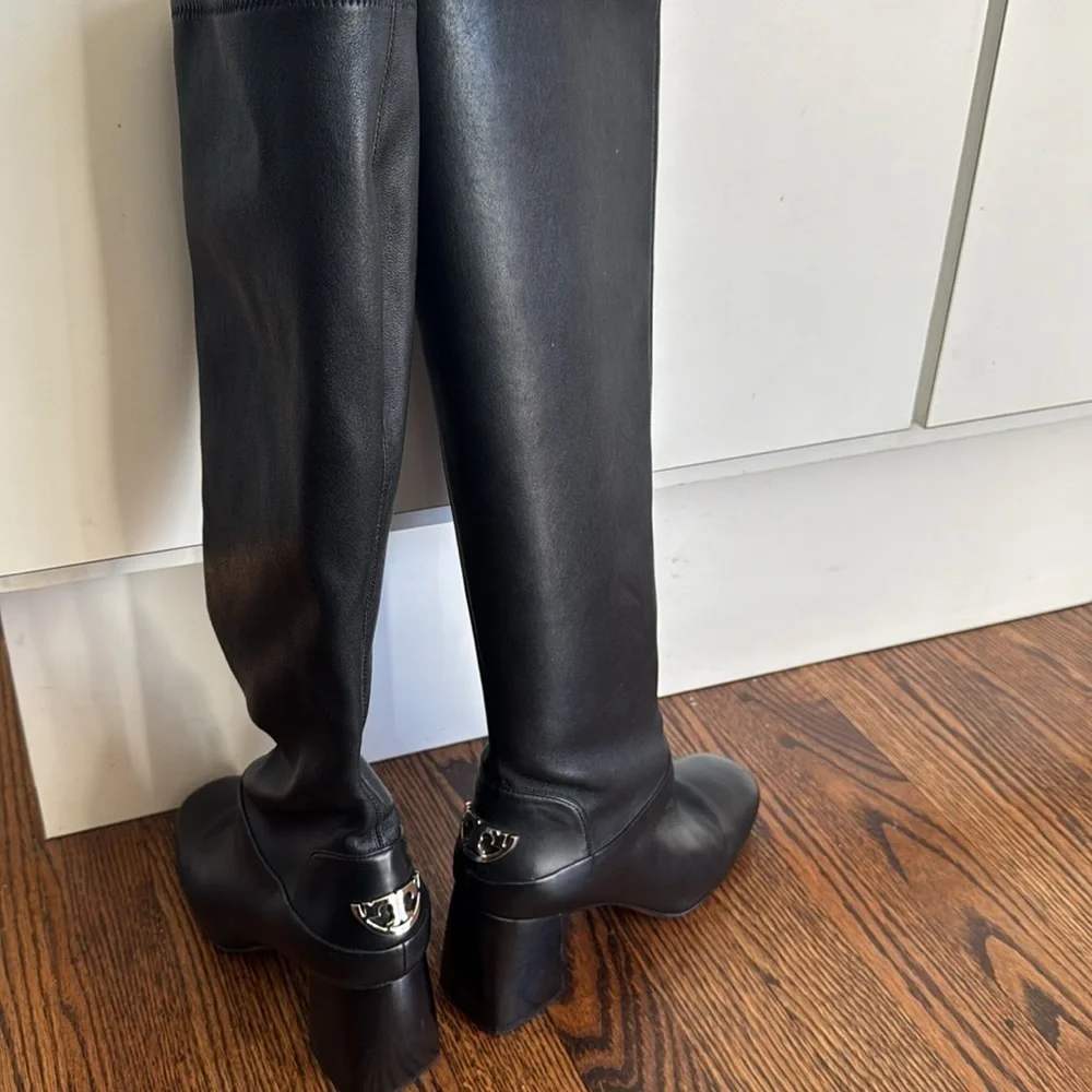 Tory Burch Black Sidney Leather 70mm Knee Boot. Stacked heel. Metal heel logo. 7